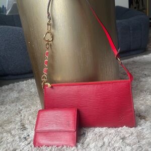 LOUIS VUITTON RED EPI POCHETTE WITH MATCHING WALLET